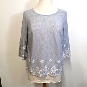 SKIES are Blue Cotton Seersucker Embroidered Top M Tulip Sleeve Eyelet Anthro